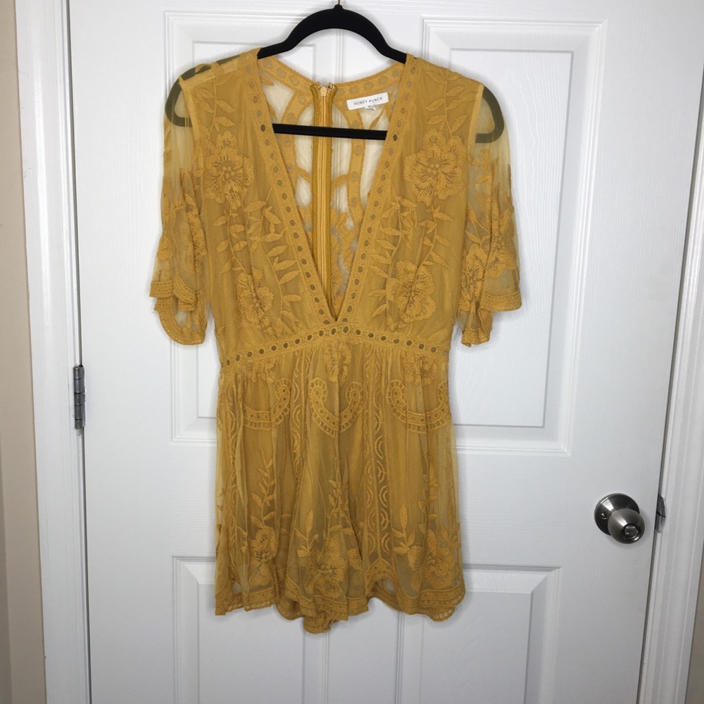Yellow lace low cut romper